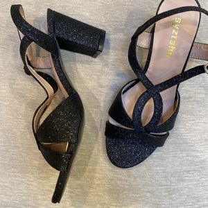 Women's Glitter Shoes Chunky Heels Sandals Slingback Block New Black Size 36
